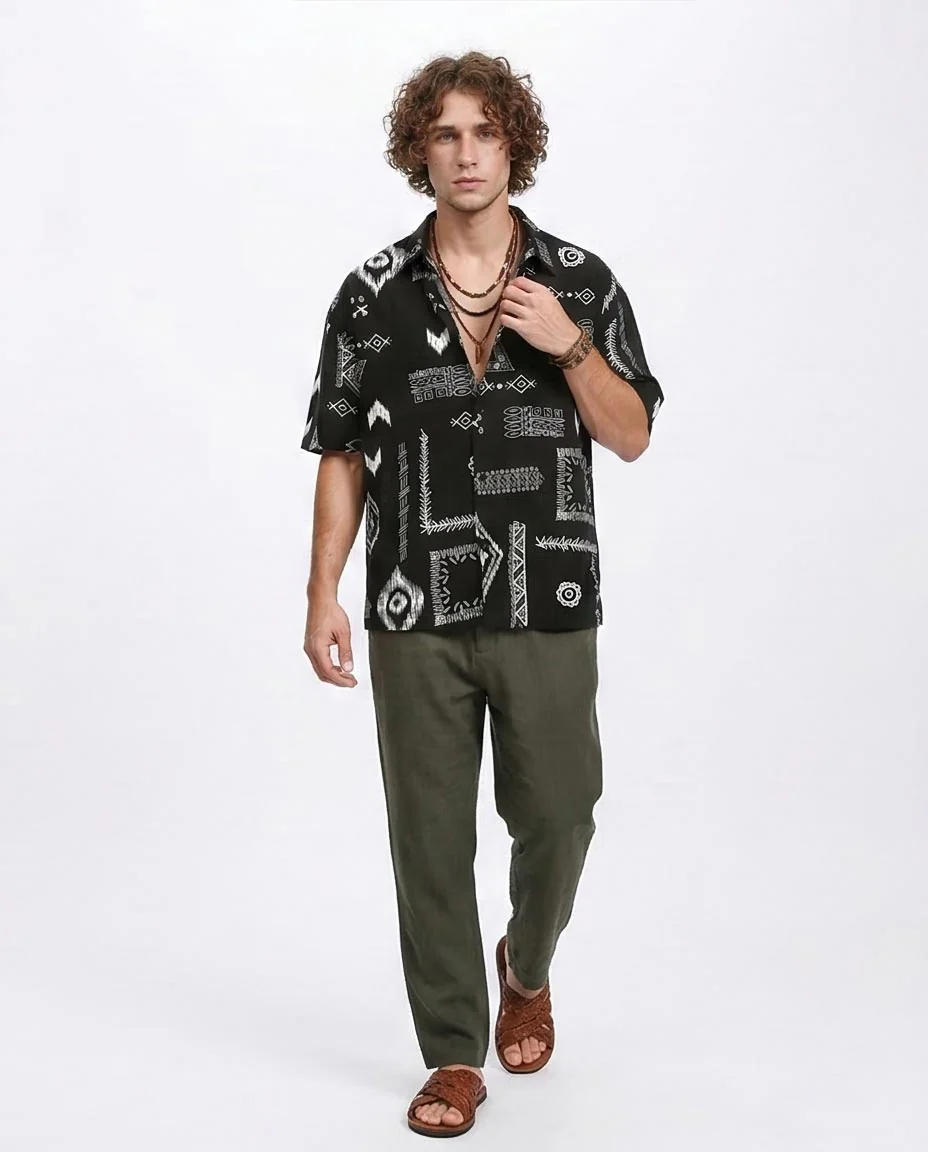 Ravin Men’s Tribal Woodblock Print Camp Collar Shirt – Black & White - R209205 - Image 5