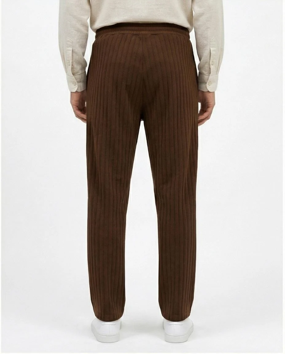 Ravin Men’s Chocolate Brown Ribbed Pique Corduroy Trousers – Relaxed Fit Drawstring Waist Casual Pants - R216864 - Image 2