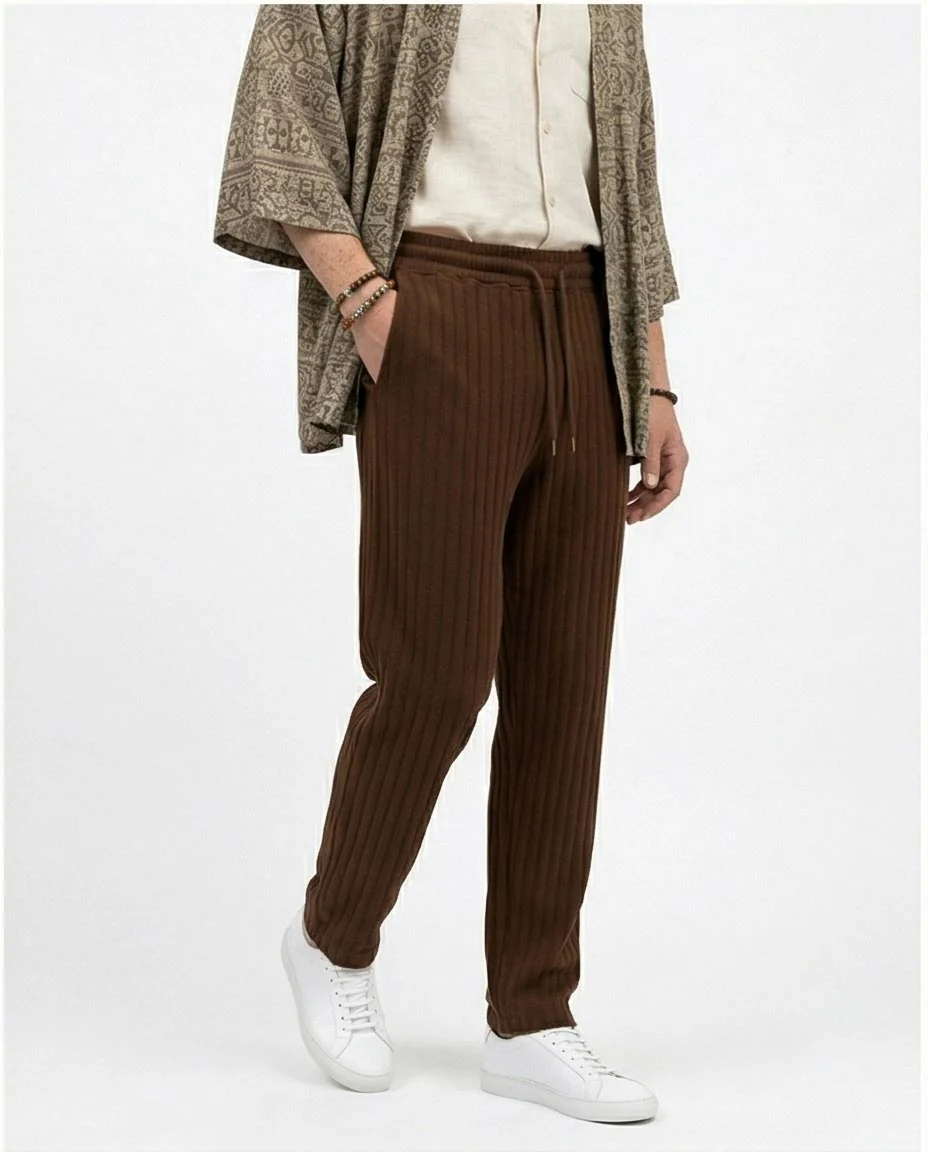 Ravin Men’s Chocolate Brown Ribbed Pique Corduroy Trousers – Relaxed Fit Drawstring Waist Casual Pants - R216864 - Image 4