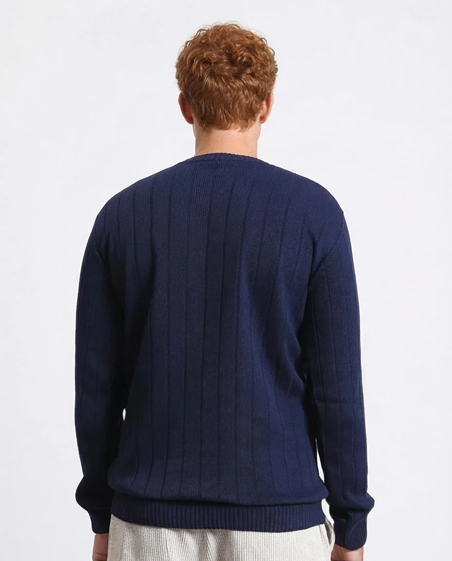 Ravin Men’s Vertical Ribbed Crew Neck Knit Sweater – Navy Blue - R212600 - Image 2