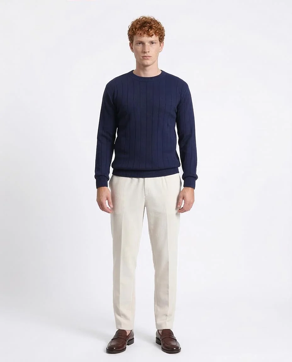 Ravin Men’s Vertical Ribbed Crew Neck Knit Sweater – Navy Blue - R212600 - Image 3