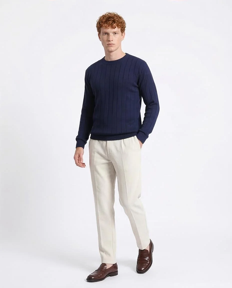 Ravin Men’s Vertical Ribbed Crew Neck Knit Sweater – Navy Blue - R212600 - Image 5