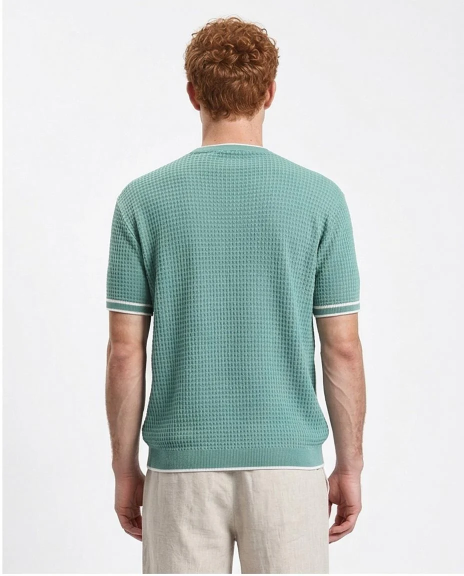 Ravin Men’s Waffle-Knit Textured Crewneck – Sage Green with Tipped Ribbing - R209202 - Image 2