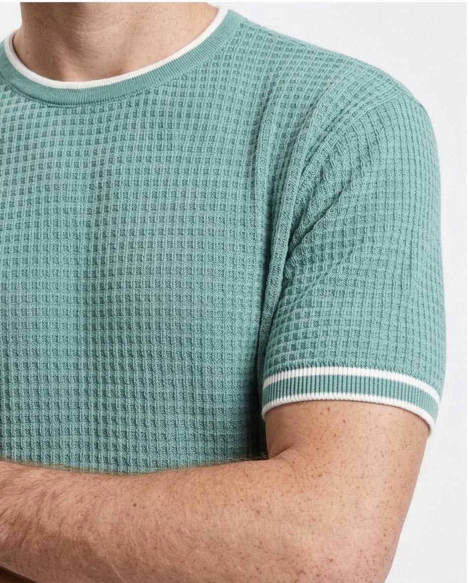 Ravin Men’s Waffle-Knit Textured Crewneck – Sage Green with Tipped Ribbing - R209202 - Image 3