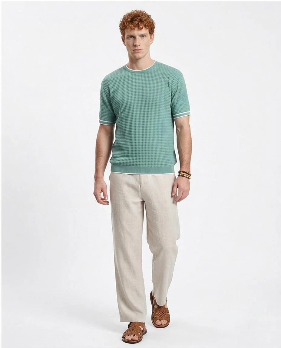 Ravin Men’s Waffle-Knit Textured Crewneck – Sage Green with Tipped Ribbing - R209202 - Image 4