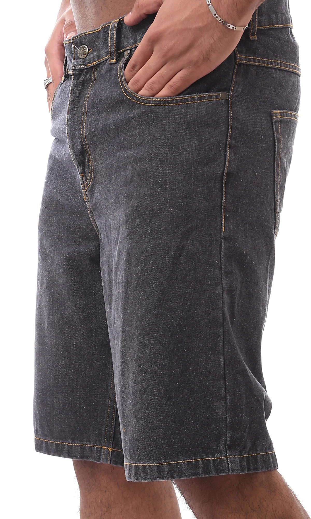Washed Black Denim Shorts with Contrast Stitching - O165562 - Image 4