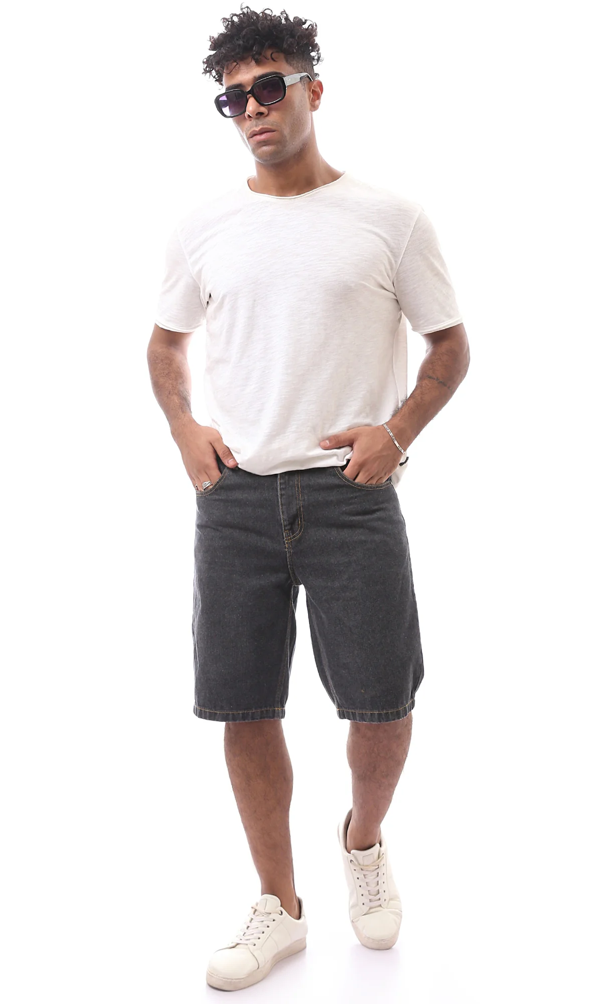 Washed Black Denim Shorts with Contrast Stitching - O165562 - Image 5