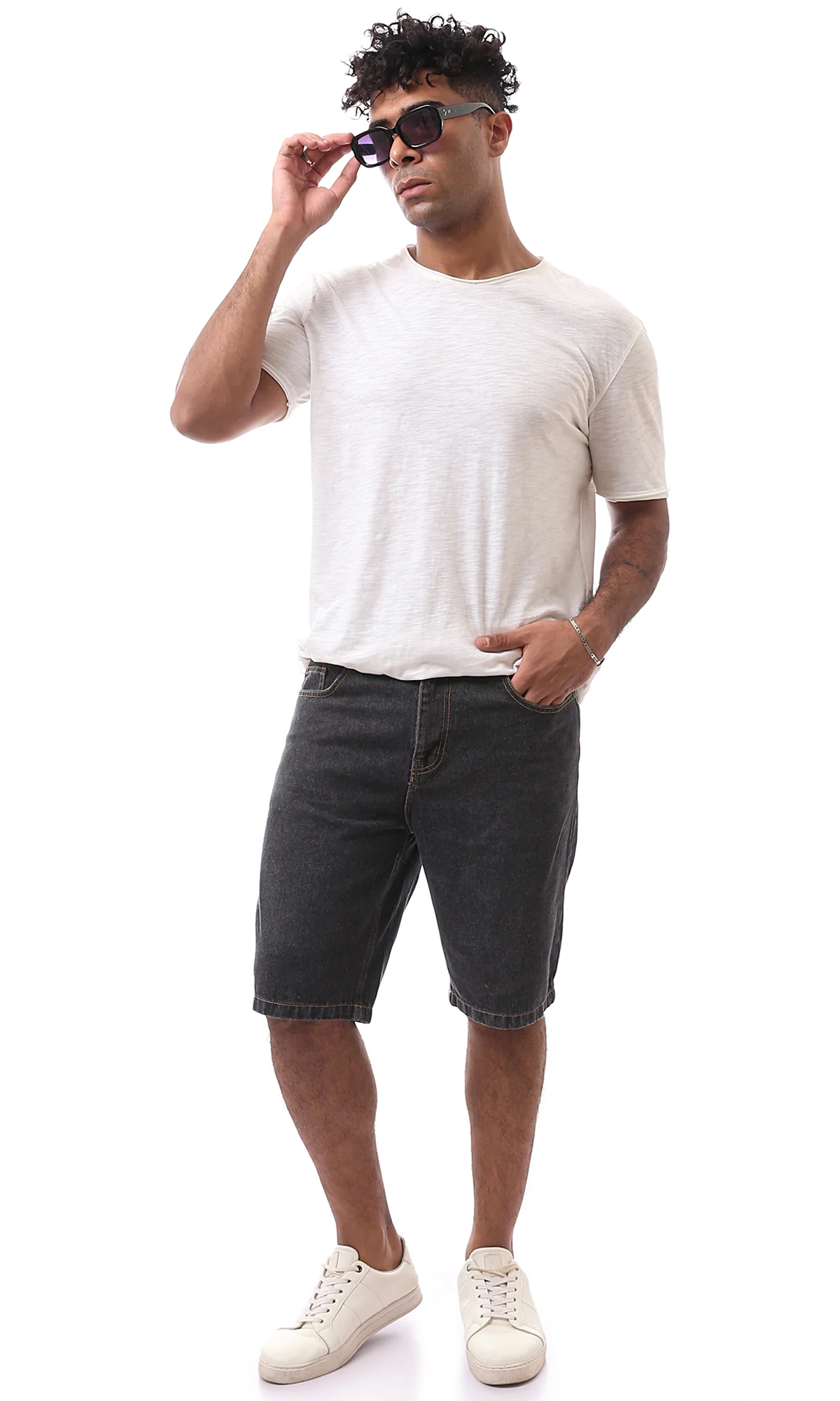 Washed Black Denim Shorts with Contrast Stitching - O165562 - Image 6