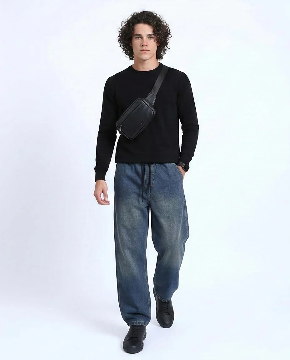 Ravin Men's Wide-Leg Vintage Wash Denim Joggers: Elevated Streetwear Style - Denim Blue - R214603 - Image 4