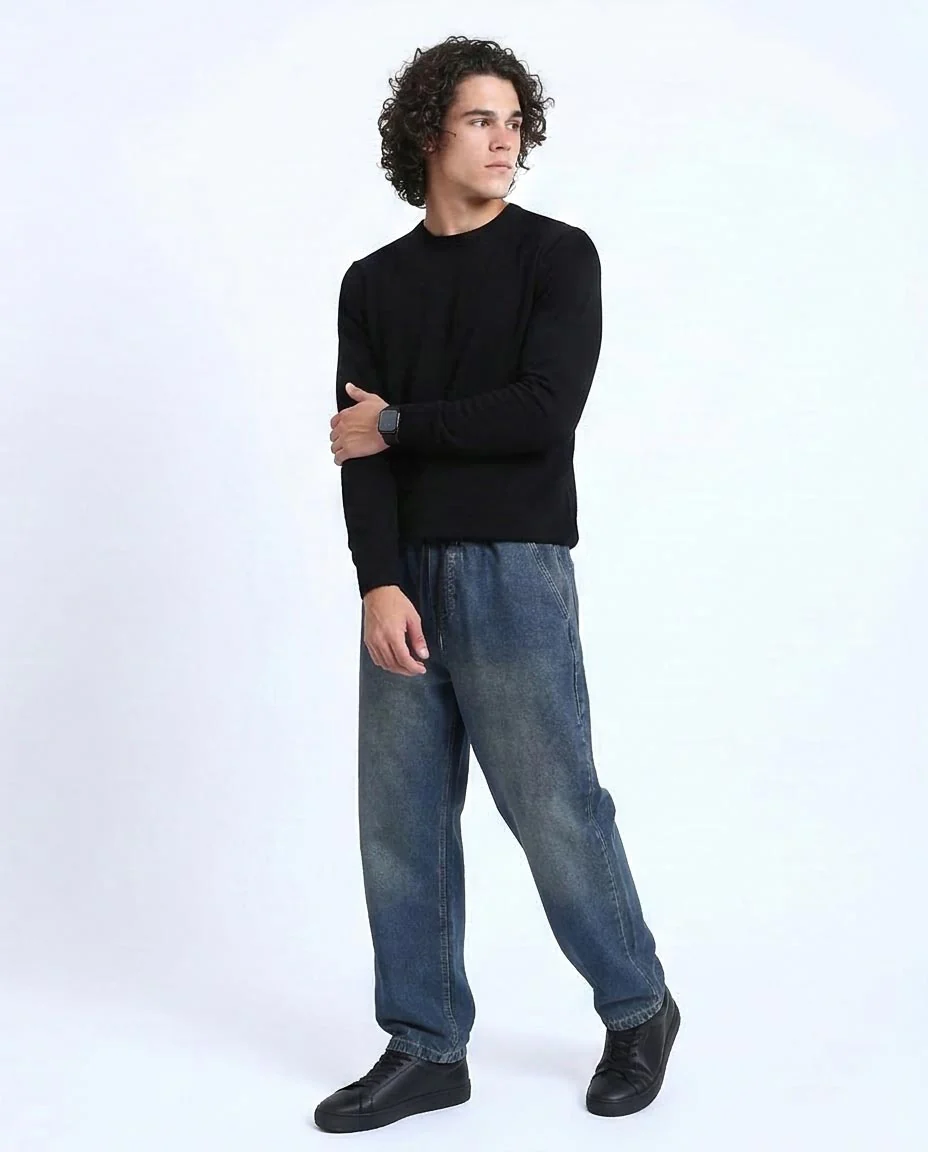 Ravin Men's Wide-Leg Vintage Wash Denim Joggers: Elevated Streetwear Style - Denim Blue - R214603 - Image 5