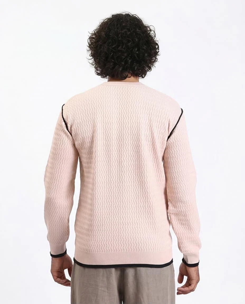 Ravin Men's Zig-Zag Textured Knit Sweater with Contrast Piping Detailsr - Beige - R214490 - Image 2
