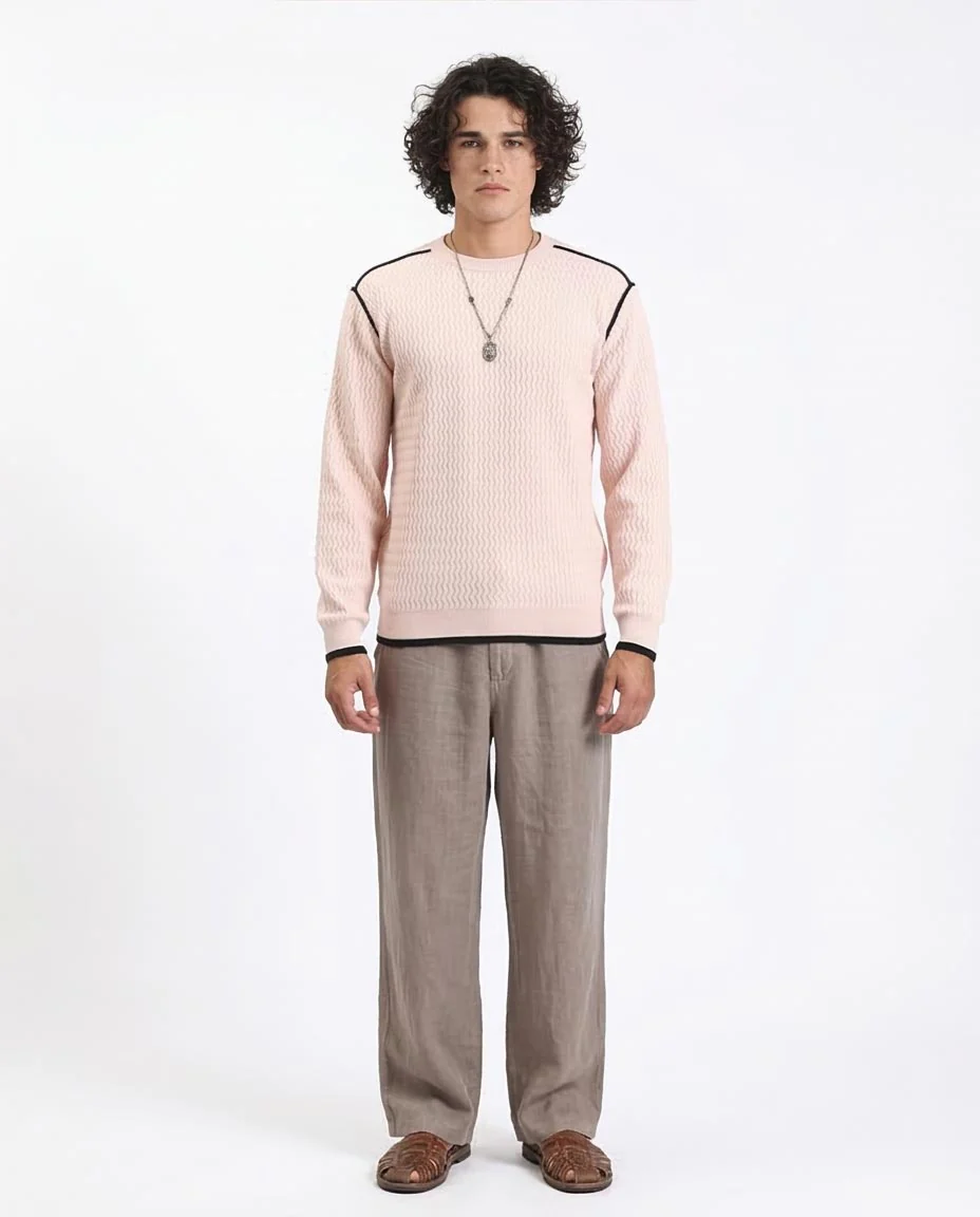 Ravin Men's Zig-Zag Textured Knit Sweater with Contrast Piping Detailsr - Beige - R214490 - Image 3
