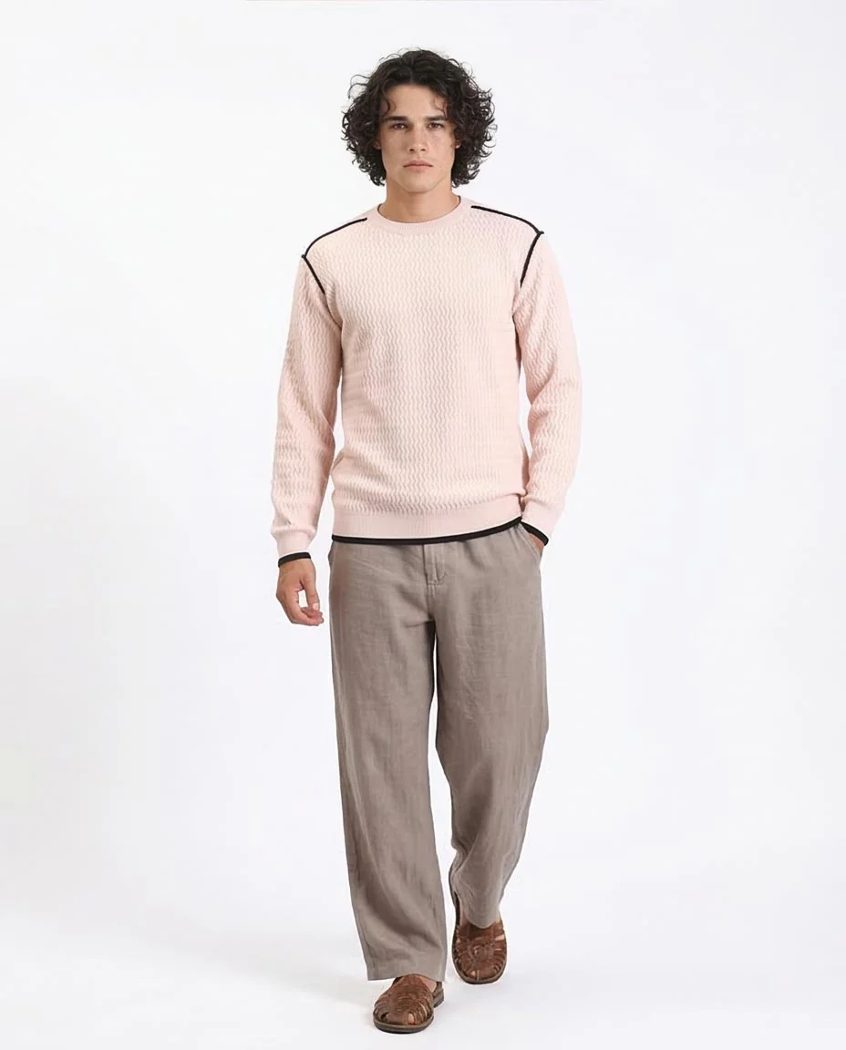 Ravin Men's Zig-Zag Textured Knit Sweater with Contrast Piping Detailsr - Beige - R214490 - Image 5
