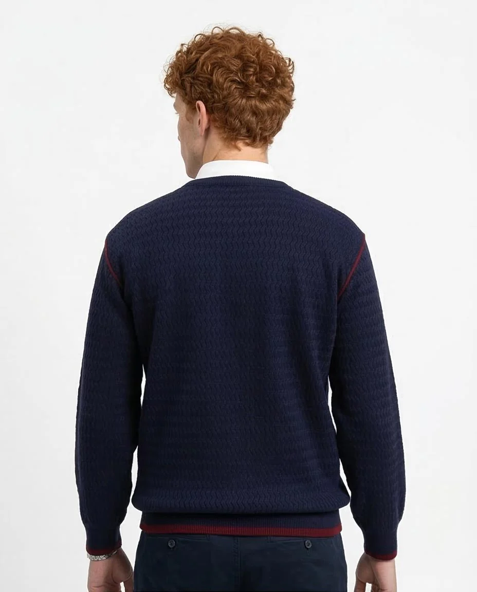 Ravin Men's Zig-Zag Textured Navy Knit Sweater with Contrast Tipping - R214488 - Image 2