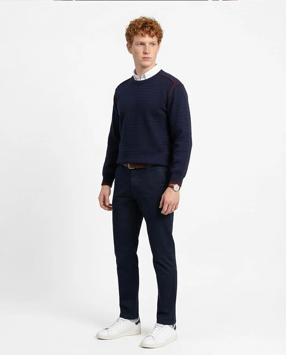 Ravin Men's Zig-Zag Textured Navy Knit Sweater with Contrast Tipping - R214488 - Image 5