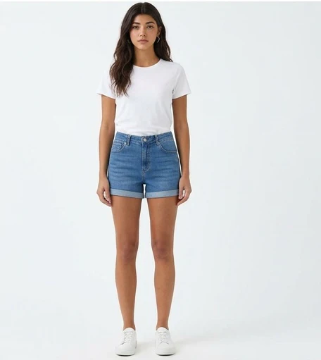 Mid-Wash Cuffed High-Rise Denim Shorts - R217507 - Image 3
