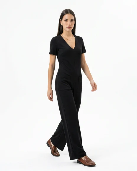 Black Wide-Leg V-Neck Patch Pocket Jumpsuit - R217431 - Image 3
