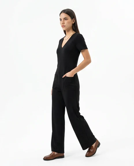 Black Wide-Leg V-Neck Patch Pocket Jumpsuit - R217431 - Image 4
