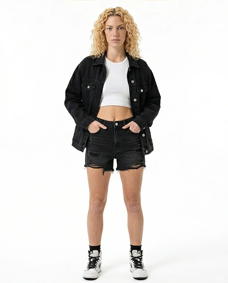 Midnight Noir High-Waisted Distressed Denim Shorts - R217506 - Image 3