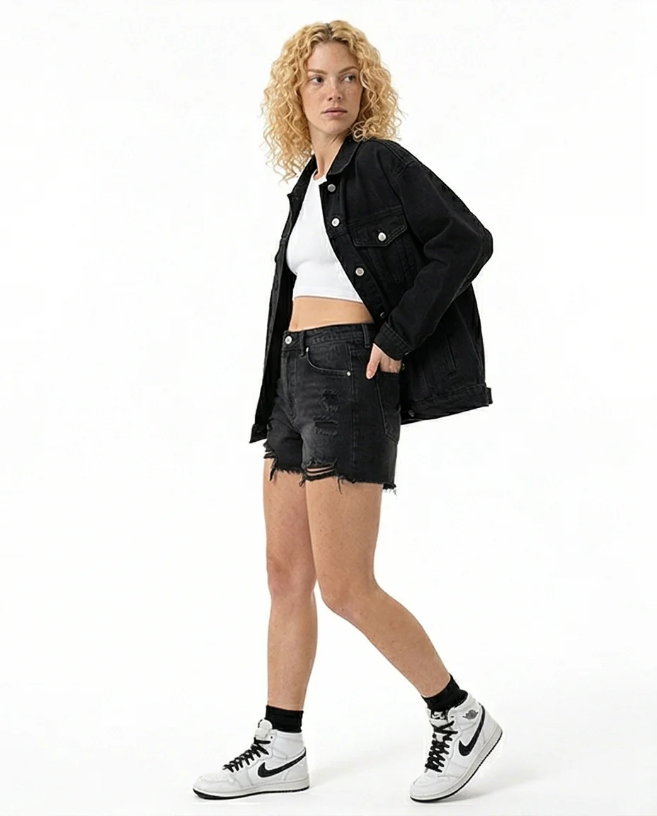 Midnight Noir High-Waisted Distressed Denim Shorts - R217506 - Image 5