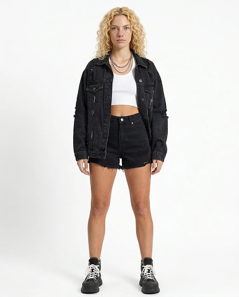 Midnight Noir High-Waisted Distressed Denim Shorts - R217506 - Image 6