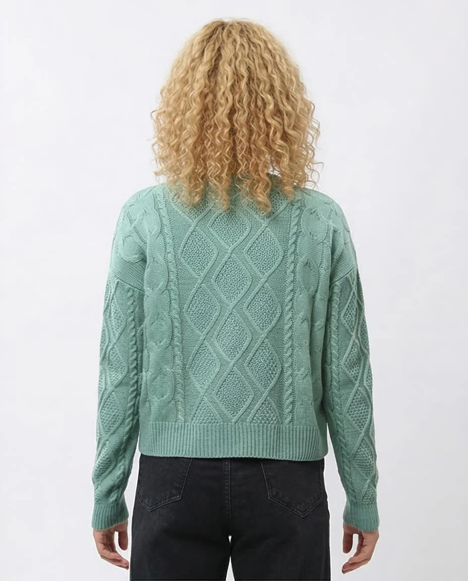 Mint Green Diamond Cable Knit Crewneck Pullover - O199845 - Image 2