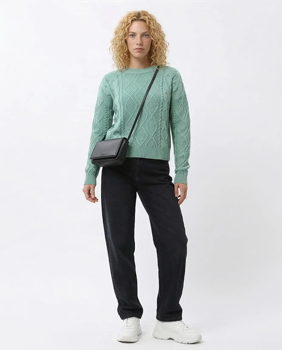 Mint Green Diamond Cable Knit Crewneck Pullover - O199845 - Image 3