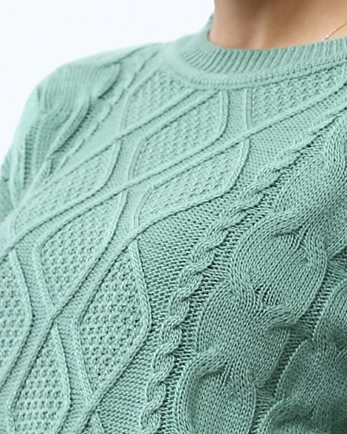 Mint Green Diamond Cable Knit Crewneck Pullover - O199845 - Image 4