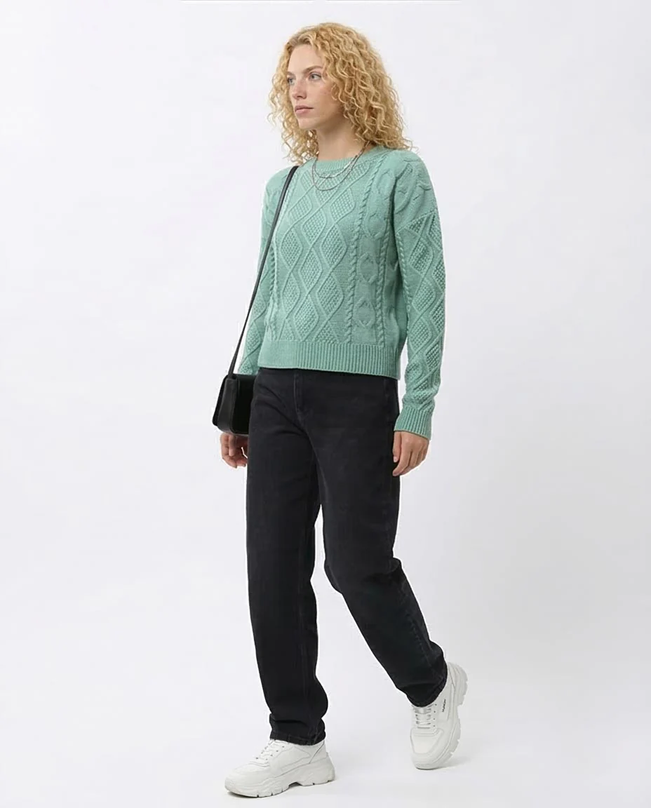 Mint Green Diamond Cable Knit Crewneck Pullover - O199845 - Image 5