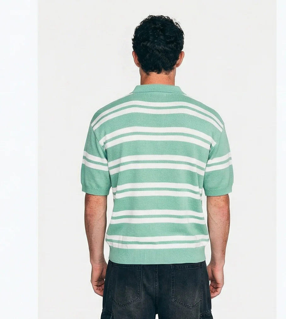 Mint Green Striped Knit Polo Shirt - R217406 - Image 2