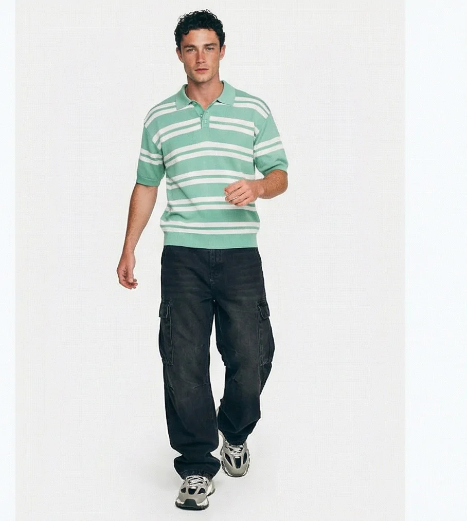 Mint Green Striped Knit Polo Shirt - R217406 - Image 3