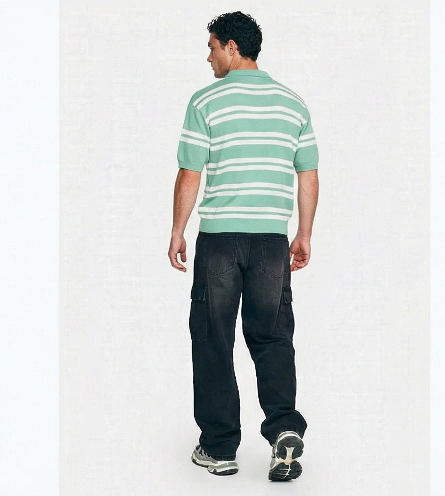 Mint Green Striped Knit Polo Shirt - R217406 - Image 4