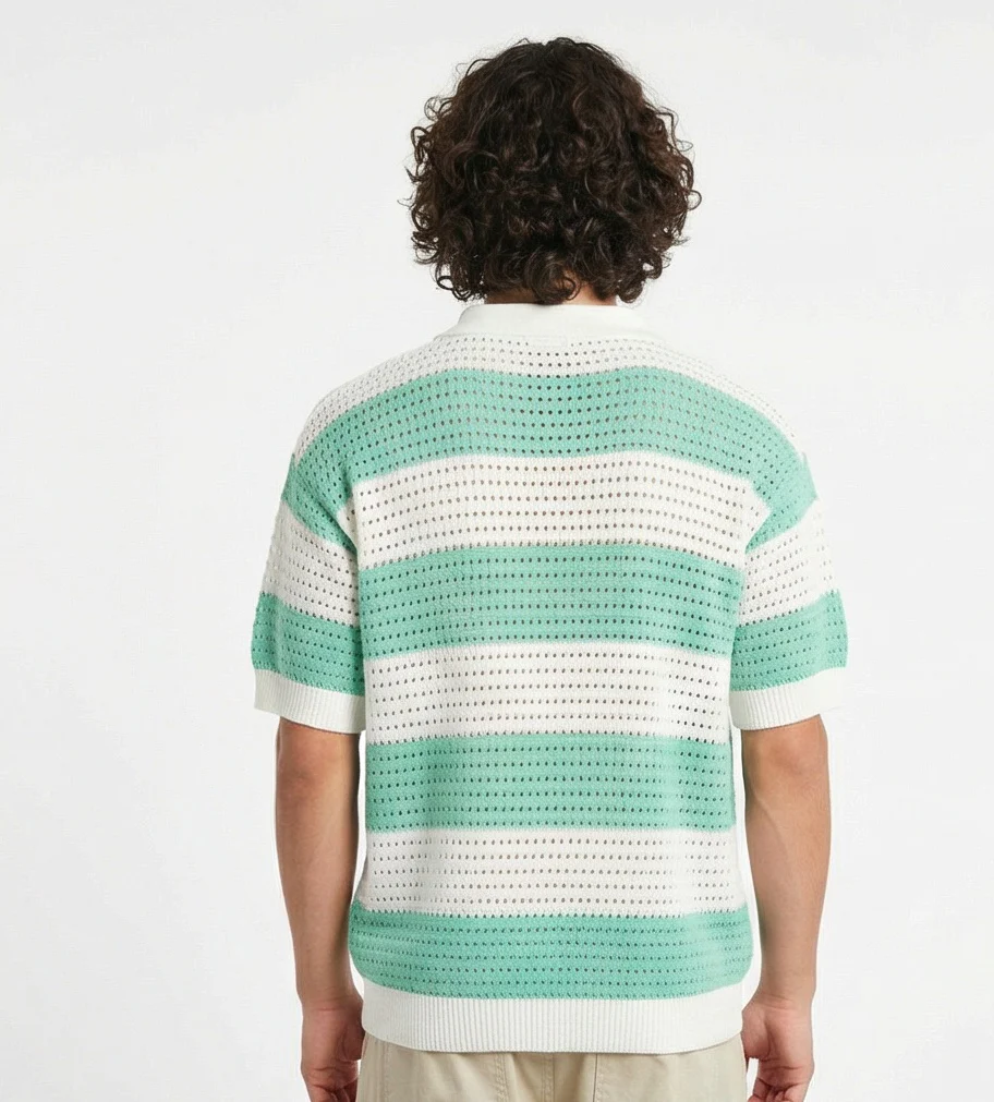 Mint Green & White Striped Textured Knit Polo - R217405 - Image 2