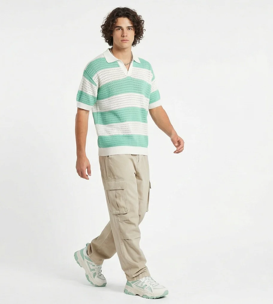Mint Green & White Striped Textured Knit Polo - R217405 - Image 3