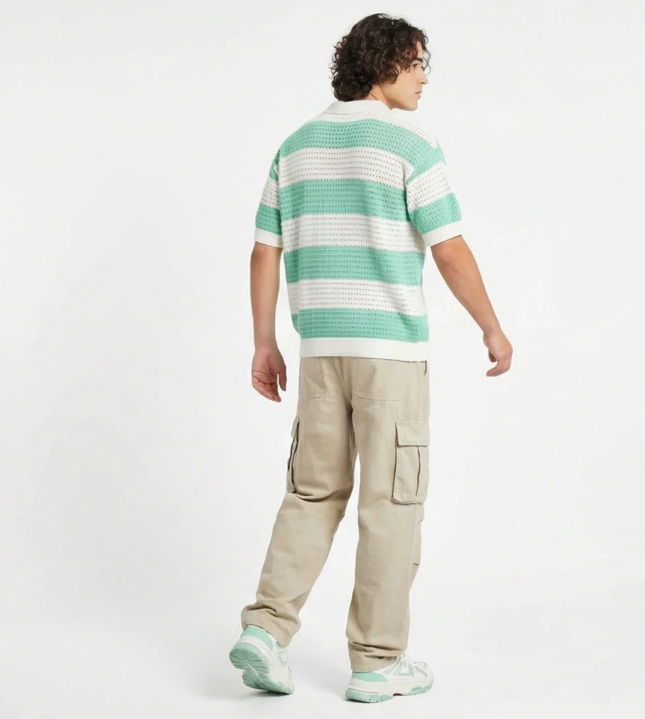 Mint Green & White Striped Textured Knit Polo - R217405 - Image 4