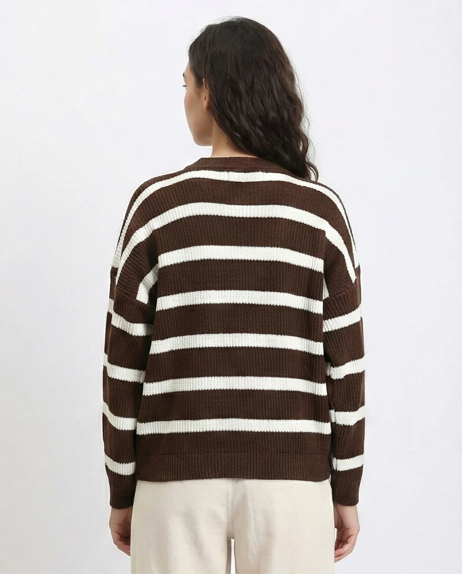 R214802 - Mock Neck Striped Knit Pullover - Brown & White - Image 2