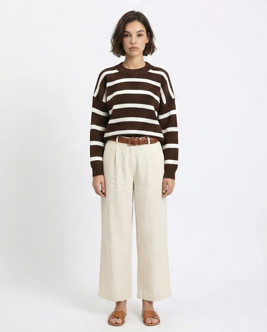 R214802 - Mock Neck Striped Knit Pullover - Brown & White - Image 4