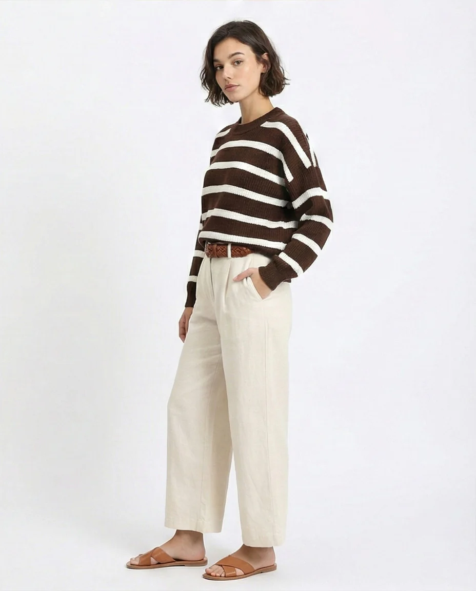 R214802 - Mock Neck Striped Knit Pullover - Brown & White - Image 5