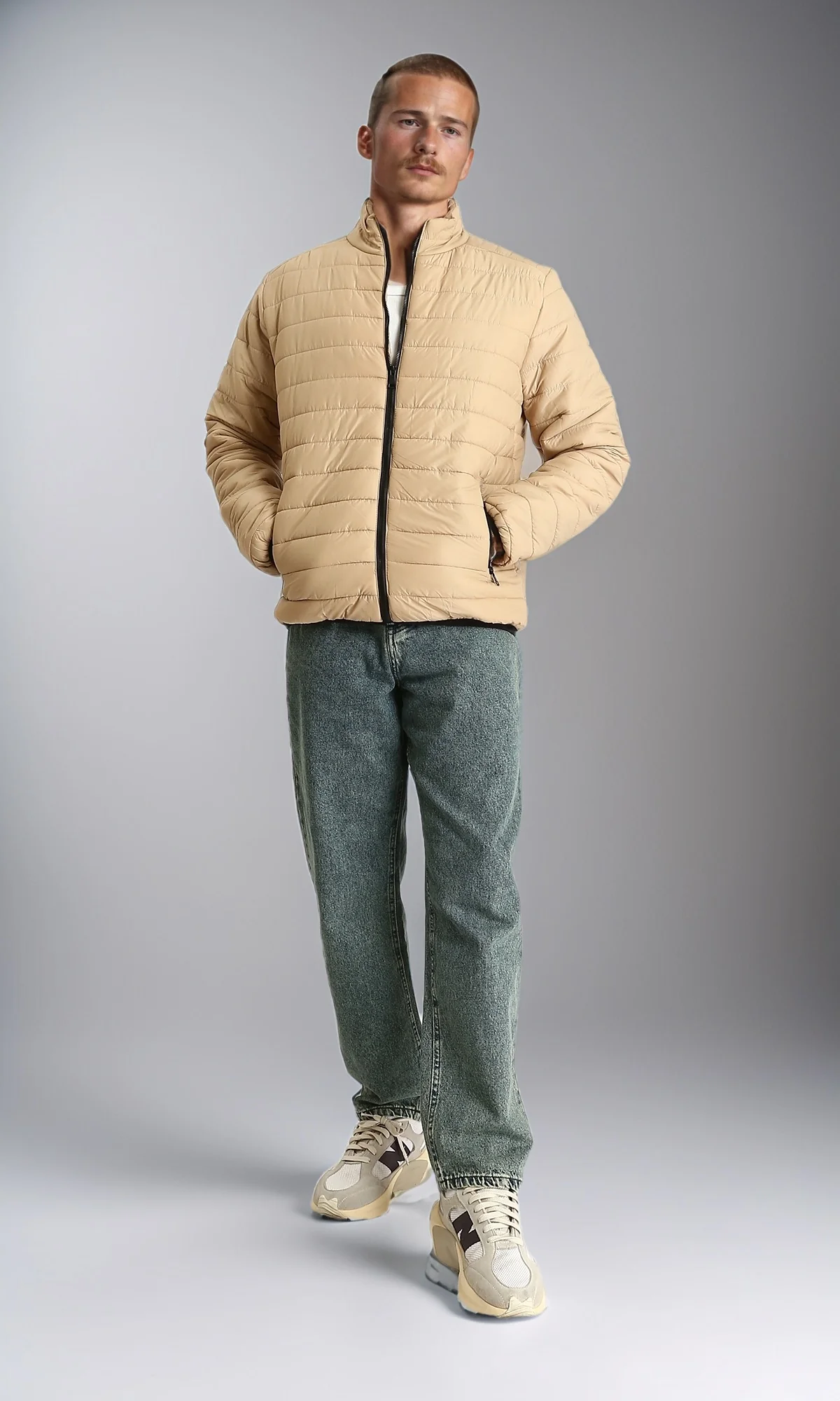 R211817 - Mock Neck Zipped Bomber Jacket - Beige - Image 4