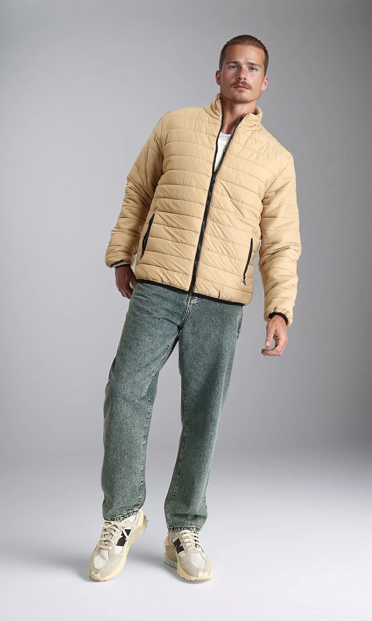 R211817 - Mock Neck Zipped Bomber Jacket - Beige - Image 5