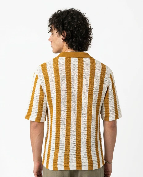 Mustard Vertical Striped Textured Knit Button-Down Shirt - R217272 - Image 2