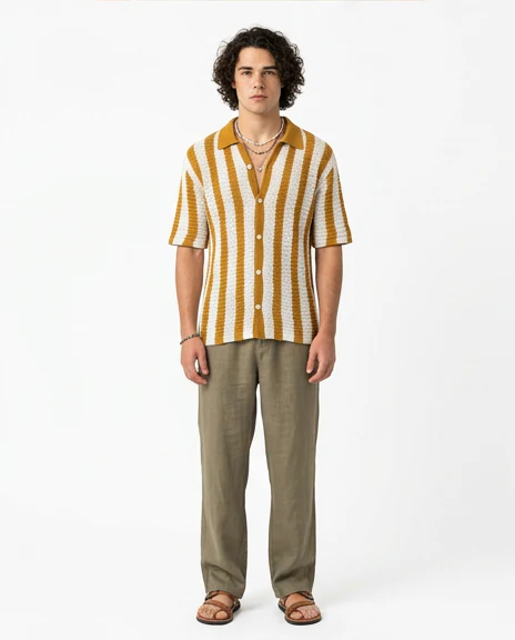 Mustard Vertical Striped Textured Knit Button-Down Shirt - R217272 - Image 3