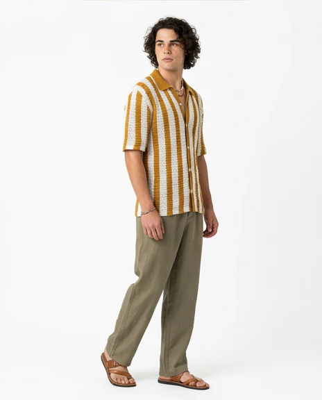 Mustard Vertical Striped Textured Knit Button-Down Shirt - R217272 - Image 4