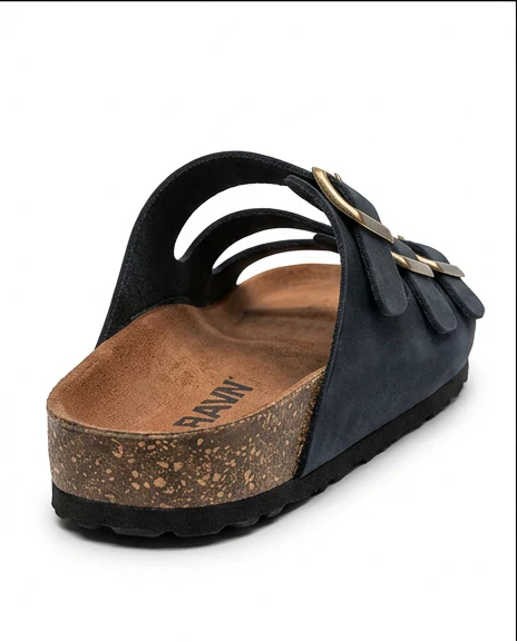 Black Triple-Strap Buckle Cork Slide Sandals - R212540 - Image 3