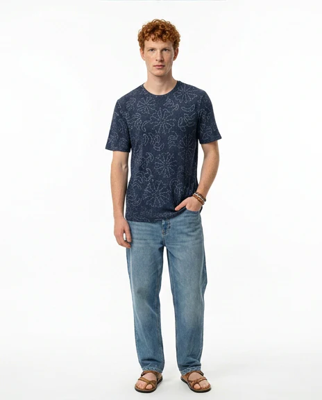 Navy Floral Stencil Print Short Sleeve T-Shirt - R216797 - Image 3