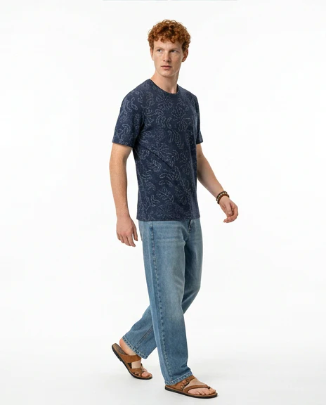 Navy Floral Stencil Print Short Sleeve T-Shirt - R216797 - Image 4