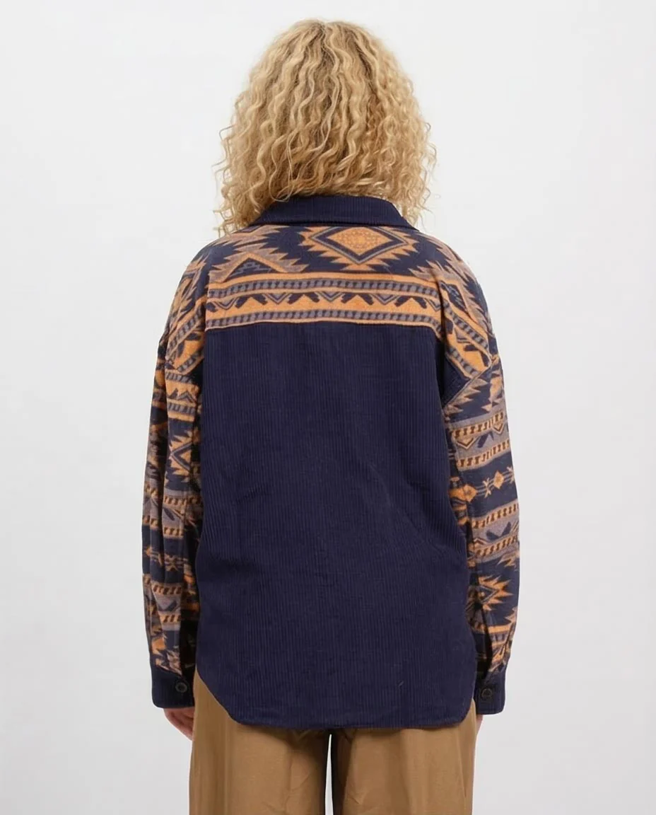 Navy Corduroy Geometric Print Oversized Shirt - O201156 - Image 2