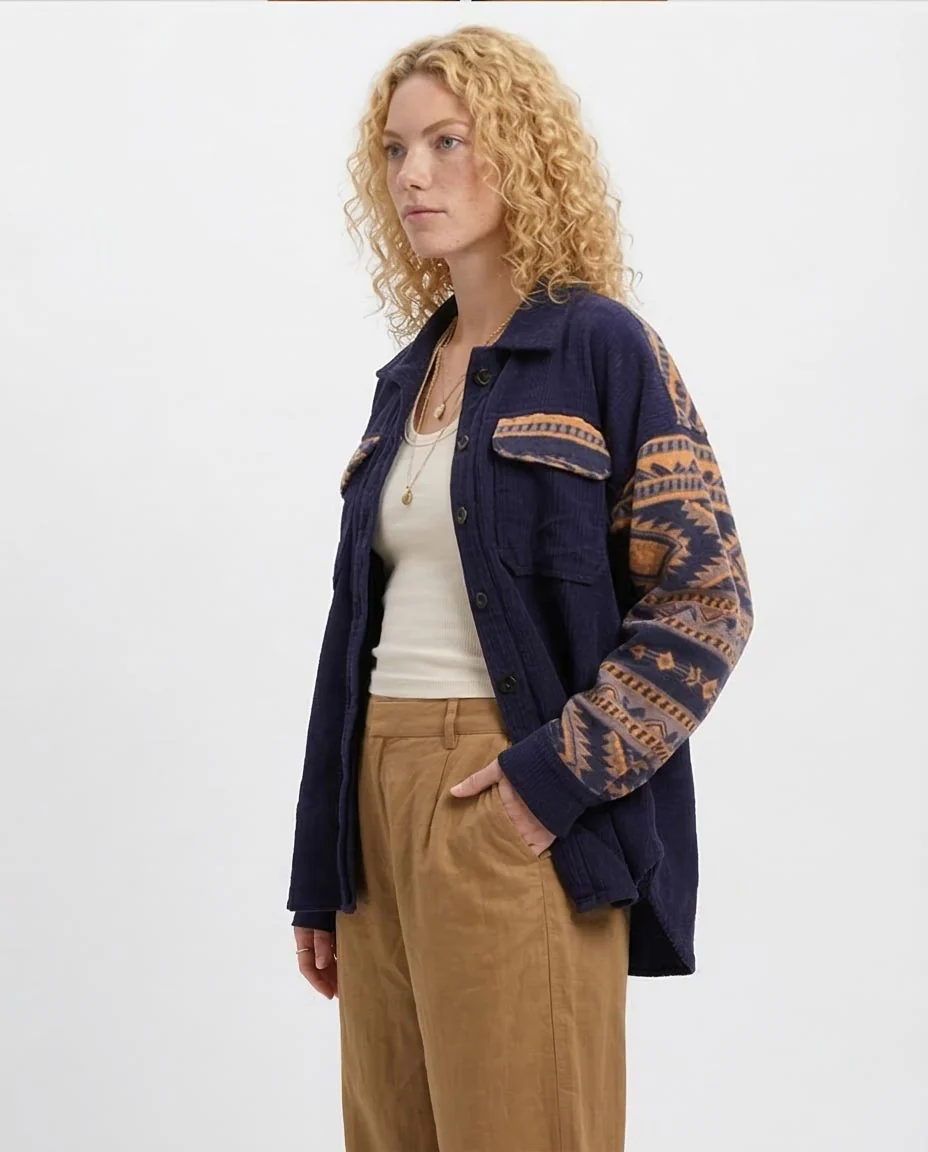 Navy Corduroy Geometric Print Oversized Shirt - O201156 - Image 3