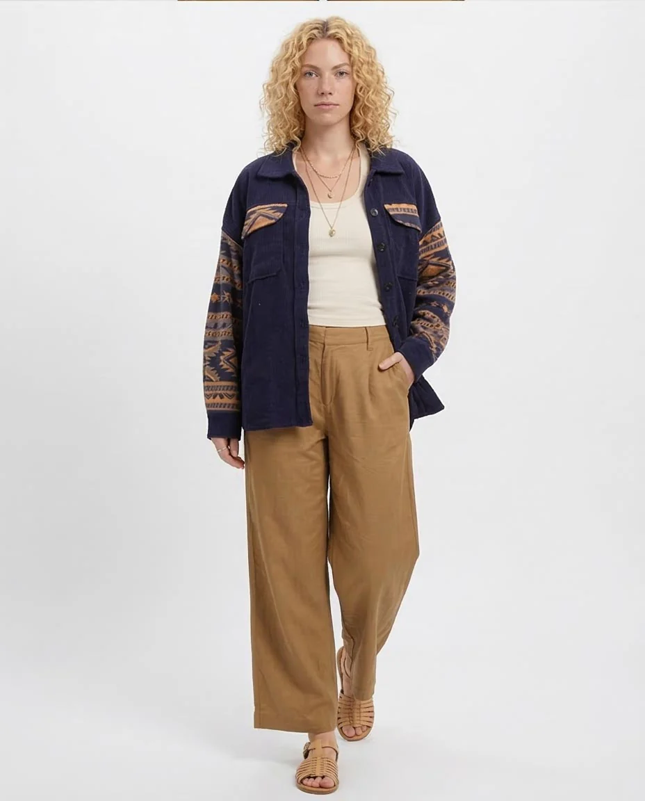 Navy Corduroy Geometric Print Oversized Shirt - O201156 - Image 4