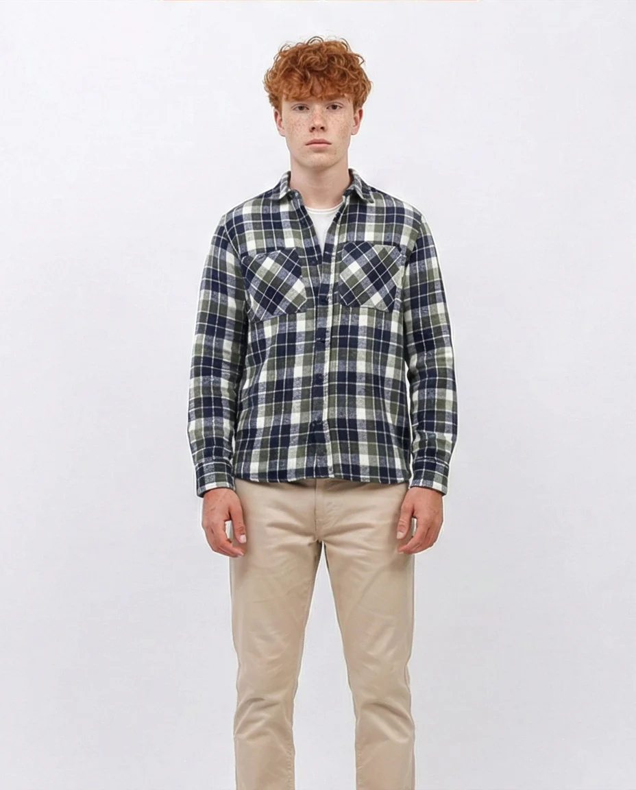 Navy & Forest Green Plaid Flannel Long Sleeve Shirt - O200607 - Image 3